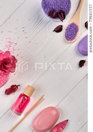 Vertical shot top view spa treatment things on white wood. 79681557