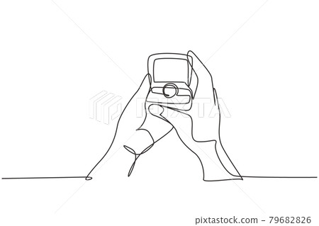 Single continuous line drawing female hand holding red box with gold ring. Groom's gift for bride on their special day. Marriage celebration. Dynamic one line draw graphic design vector illustration 79682826
