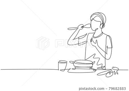 Continuous one line drawing handsome husband begin prepare family dinner singing like rock star with kitchenware and overjoyed music playlist. Single line draw design vector graphic illustration 79682883
