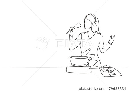 Single continuous line drawing beautiful wife begin prepare family dinner singing like rock star with kitchenware and overjoyed music playlist. Dynamic one line draw graphic design vector illustration 79682884