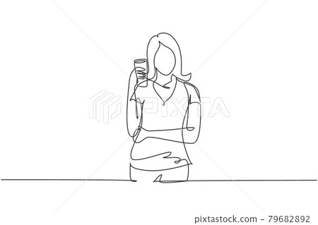 Single one line drawing portrait of happy young beautiful female holding glass of orange juice. Make her refreshing in summer season. Modern continuous line draw design graphic vector illustration Single one line drawing portrait of happy young beautiful female holding glass of orange juice. Make her refreshing in summer season. Modern continuous line draw design graphic vector illustration 79682892