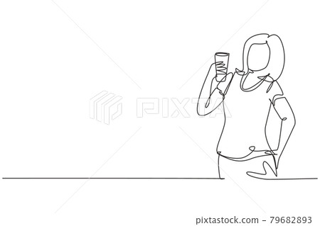 Single continuous line drawing portrait of happy young beautiful woman holding glass of orange juice. Make her refreshing in summer season. Dynamic one line draw graphic design vector illustration Single continuous line drawing portrait of happy young beautiful woman holding glass of orange juice. Make her refreshing in summer season. Dynamic one line draw graphic design vector illustration 79682893