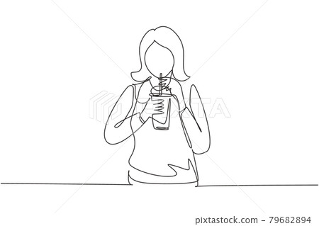 Single continuous line drawing beautiful woman hold plastic cup and drink iced green tea with straw. Make her refreshing in summer season. Dynamic one line draw graphic design vector illustration Single continuous line drawing beautiful woman hold plastic cup and drink iced green tea with straw. Make her refreshing in summer season. Dynamic one line draw graphic design vector illustration 79682894
