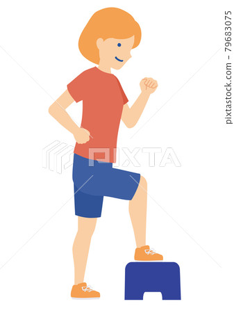 Illustration of a woman doing strength training: stepping up and down a step ladder 79683075