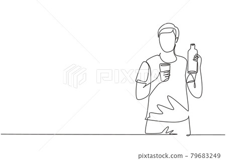 Single continuous line drawing young handsome man holding bottle in one hand and glass of orange juice in the other while having breakfast at home. One line draw graphic design vector illustration Single continuous line drawing young handsome man holding bottle in one hand and glass of orange juice in the other while having breakfast at home. One line draw graphic design vector illustration 79683249