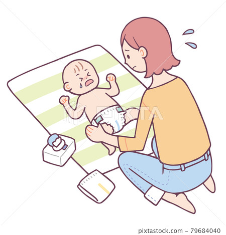一名婦女正在幫嬰兒換尿布 79684040