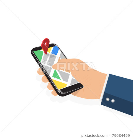 Male hand holding phone with map and pointer. Mobile gps navigation and tracking concept. Flat vector illustration for web sites, banners. Location track app on touch screen smartphone Male hand holding phone with map and pointer. Mobile gps navigation and tracking concept. Flat vector illustration for web sites, banners. Location track app on touch screen smartphone 79684499