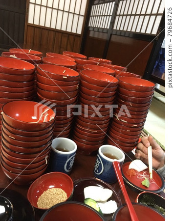 Bowls piled up at a restaurant in Iwate Prefecture, the home of wankosoba 79684726