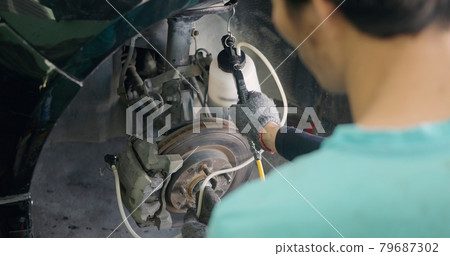 Auto mechanic replacing brake fluid on a vehicle 79687302