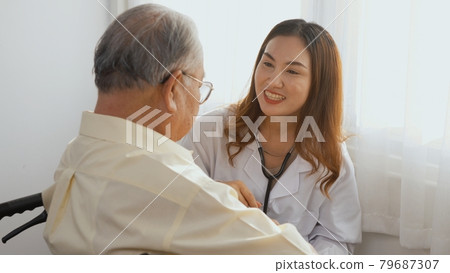 doctor wear white uniform cardiologist examining patient senior or elderly old man 79687307