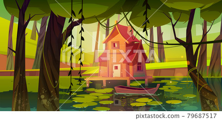 Stilt house at forest swamp with wooden boat. Stilt house at forest swamp with wooden boat. 79687517