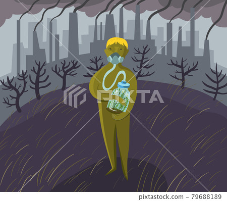 A man in a gas mask against the backdrop of factories and smoke. Emissions of pollution into the air. 79688189