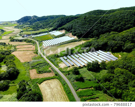 Aerial view of solar panels lined up in Esashi Town, Hokkaido in summer Aerial view of solar panels lined up in Esashi Town, Hokkaido in summer 79688817