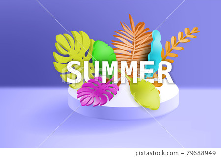 3D Tropical leaves scene podium with text Summer, botanical background. Render vector foliage pedestal, stage illustration template 79688949