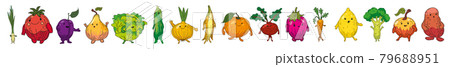 Vegetables set hand drawn scetch characters cartoon. Collection orange, beet root, strawberry, carrot, lemon, broccoli, apple, potato, tomato, leek, onion, plum, pear, cabbage, cucmber, onion, banana 79688951