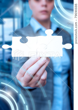 Business Woman Holding Jigsaw Puzzle Piece Unlocking New Futuristic Technologies. Palm Carrying Puzzles Part Displaying Solving Late Innovative Virtual Ideas. Business Woman Holding Jigsaw Puzzle Piece Unlocking New Futuristic Technologies. Palm Carrying Puzzles Part Displaying Solving Late Innovative Virtual Ideas. 79690886