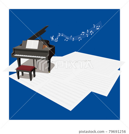 黑色鋼琴和音樂紙右側向量圖的音樂圖像 79691256