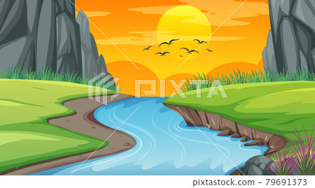 Landscape scene of forest with river and many trees 79691373
