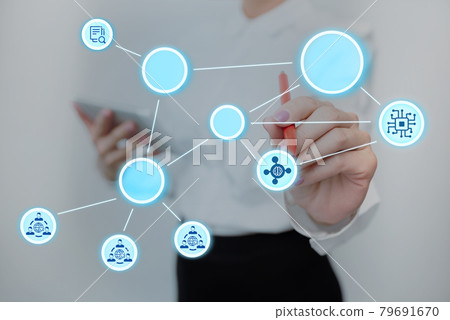 Lady In Uniform Standing Holding Tablet And Virtually Typing With Pen. Business Woman Carrying Pad Typing And Displaying New Futuristic Technologies. Lady In Uniform Standing Holding Tablet And Virtually Typing With Pen. Business Woman Carrying Pad Typing And Displaying New Futuristic Technologies. 79691670