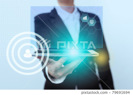 Lady In Suit Standing Presenting Mobile Device Futuristic Interface Technology. Woman In Uniform Holding Phone Showing Modern Digital Display Innovation. Lady In Suit Standing Presenting Mobile Device Futuristic Interface Technology. Woman In Uniform Holding Phone Showing Modern Digital Display Innovation. 79691694