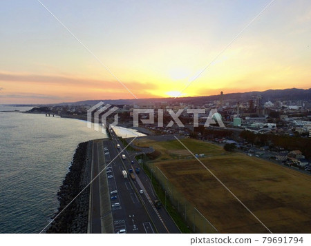 Sunset Road along the sea National highway No. 6-Aerial view with a drone (Higashi-cho, Hitachi City, Ibaraki Prefecture) 79691794