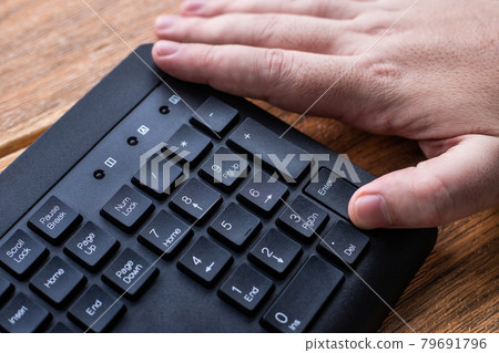 Hands Pointing Pressing Computer Keyboard Keys Typewriting New Ideas. Fingers Tapping Typing Fresh Thoughts Using Wireless Notebook Keypad. 79691796