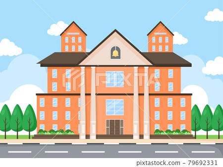 Back To School, Modern Building and View Front Yard With Green Grass And Trees. Background Landing Page Illustration Back To School, Modern Building and View Front Yard With Green Grass And Trees. Background Landing Page Illustration 79692331