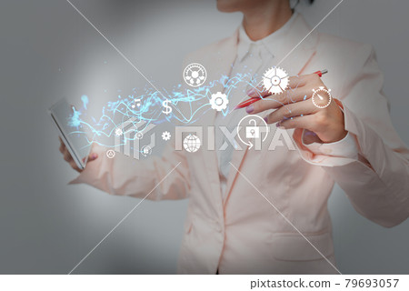 Lady In Suit Holding Phone Performing Futuristic Holographic Image Presentation. Business Woman Touching Advance Hologram Interface Technology Innovations. Lady In Suit Holding Phone Performing Futuristic Holographic Image Presentation. Business Woman Touching Advance Hologram Interface Technology Innovations. 79693057