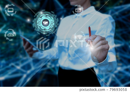 Lady In Uniform Side Standing Holding Tablet In Hand Virtually Typing On Screen. Bussiness Woman Carrying Tab Writing New Futuristic Technologies. Lady In Uniform Side Standing Holding Tablet In Hand Virtually Typing On Screen. Bussiness Woman Carrying Tab Writing New Futuristic Technologies. 79693058