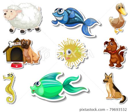 Set of stickers with sea animals and dogs cartoon character 79693532