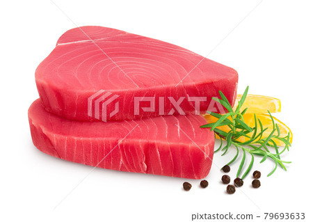 Fresh tuna fish fillet steak with rosemary, lemon and peppercorns isolated on white background with clipping path and full depth of field Fresh tuna fish fillet steak with rosemary, lemon and peppercorns isolated on white background with clipping path and full depth of field 79693633