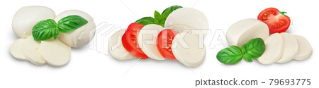 Mozzarella cheese sliced with basil leaf isolated on white background . Set or collection 79693775