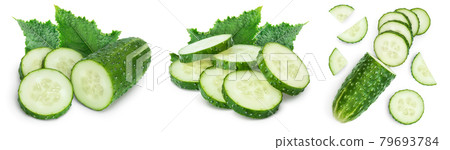 Sliced cucumber isolated on white background. Set or collection Sliced cucumber isolated on white background. Set or collection 79693784