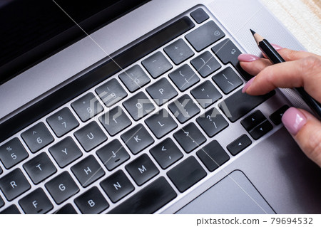 Hands Pointing Pressing Computer Keyboard Keys Typewriting New Ideas. Fingers Tapping Typing Fresh Thoughts Using Wireless Notebook Keypad. 79694532