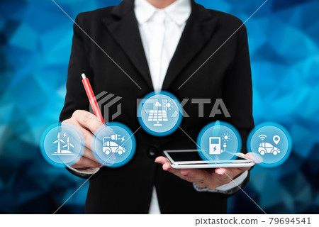 Lady In Uniform Side Standing Holding Tablet In Hand Virtually Typing On Screen. Bussiness Woman Carrying Tab Writing New Futuristic Technologies. Lady In Uniform Side Standing Holding Tablet In Hand Virtually Typing On Screen. Bussiness Woman Carrying Tab Writing New Futuristic Technologies. 79694541