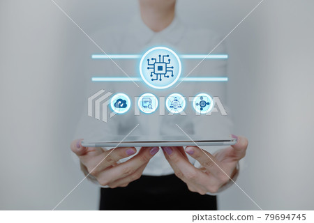 Lady In Uniform Standing Holding Tablet Presenting Late Tech Knowledge. Business Woman Carrying Pad Showing New Futuristic Technologies. Lady In Uniform Standing Holding Tablet Presenting Late Tech Knowledge. Business Woman Carrying Pad Showing New Futuristic Technologies. 79694745