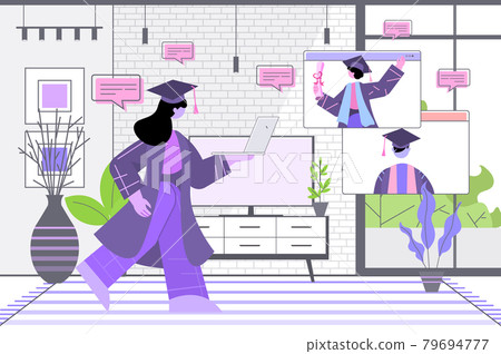 graduated students discussing during video call graduates celebrating academic diploma degree education 79694777