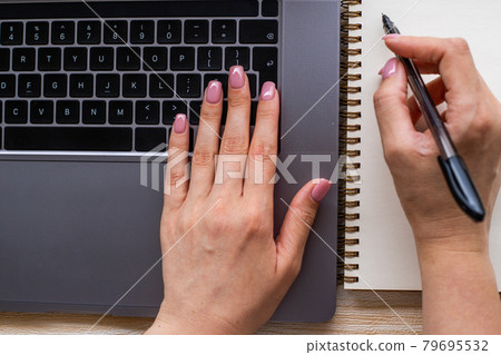 Hands Pointing Pressing Computer Keyboard Keys Typewriting New Ideas. Fingers Tapping Typing Fresh Thoughts Using Wireless Notebook Keypad. 79695532