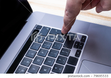 Hands Pointing Pressing Computer Keyboard Keys Typewriting New Ideas. Fingers Tapping Typing Fresh Thoughts Using Wireless Notebook Keypad. 79695533