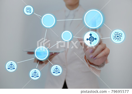 Lady In Uniform Standing Holding Tablet And Pressing On Virtual Button. Business Woman Carrying Pad Tapping Switch Showing New Futuristic Technologies. 79695577