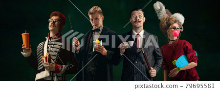 Close-up portraits of medieval people as a royalty persons in vintage clothing on dark background. Concept of comparison of eras, modernity and renaissance, baroque style. 79695581