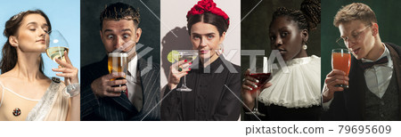 Medieval men and women as a historical persons in vintage clothing on dark background. Concept of comparison of eras, modernity and renaissance, baroque style. Medieval men and women as a historical persons in vintage clothing on dark background. Concept of comparison of eras, modernity and renaissance, baroque style. 79695609