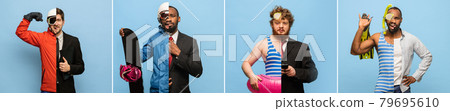 Collage of cropped portraits of 3 young men in various clothes isolated over blue studio background. Collage of cropped portraits of 3 young men in various clothes isolated over blue studio background. 79695610