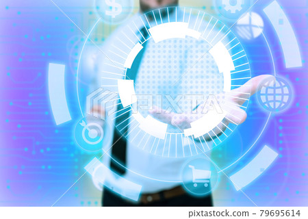 Man In Uniform Side Standing Stretching Hand Holding New Futuristic Technologies. Gentelman Extending Palms Carrying New Innovative Concepts. Man In Uniform Side Standing Stretching Hand Holding New Futuristic Technologies. Gentelman Extending Palms Carrying New Innovative Concepts. 79695614