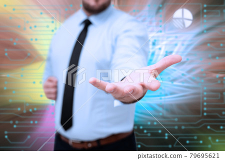 Man In Uniform Side Standing Stretching Hand Holding New Futuristic Technologies. Gentelman Extending Palms Carrying New Innovative Concepts. Man In Uniform Side Standing Stretching Hand Holding New Futuristic Technologies. Gentelman Extending Palms Carrying New Innovative Concepts. 79695621