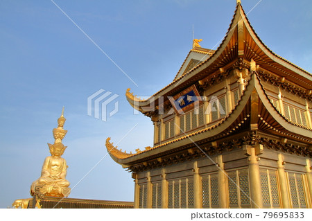 Mount Emei, Sichuan Province, China: The Golden Hall of Huazangji Temple, known as the Golden Peak of the mountain, and the Four-sided Ten-Directional Golden Statue of Samantabhadra 79695833