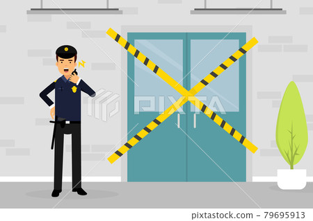 Man Police Officer or Policeman with Walkie Talkie Standing Near Scene of Crime Vector Illustration Man Police Officer or Policeman with Walkie Talkie Standing Near Scene of Crime Vector Illustration 79695913