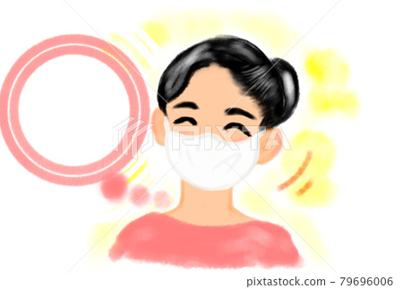 Illustration of a woman smiling even while wearing a mask. With speech bubble. Illustration of a woman smiling even while wearing a mask. With speech bubble. 79696006