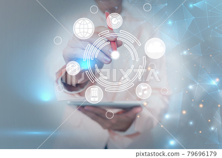 Business Woman Touching Futuristic Virtual Display Technology, Lady In Uniform Using Mobile Device While Pressing Advanced Holographic Interactive Interface. 79696179