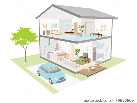 Bird's-eye view of a two-storey house with a terrace and a blue car Bird's-eye view of a two-storey house with a terrace and a blue car 79696609